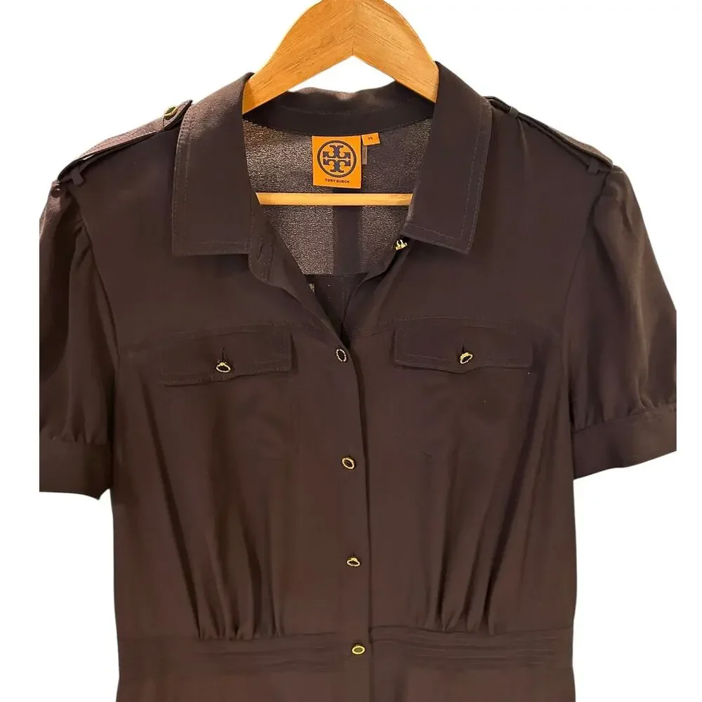 TORY BURCH Black Gennifer Military Utility 100% Silk Mini Dress Women's Size 14